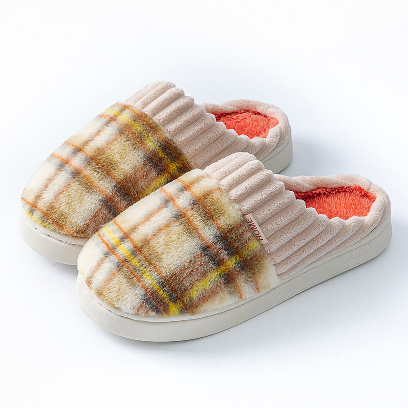 Plaid Plush Slippers Warm Soft Non-slip Bedroom Home Slipper For Couples Women Men House Shoes