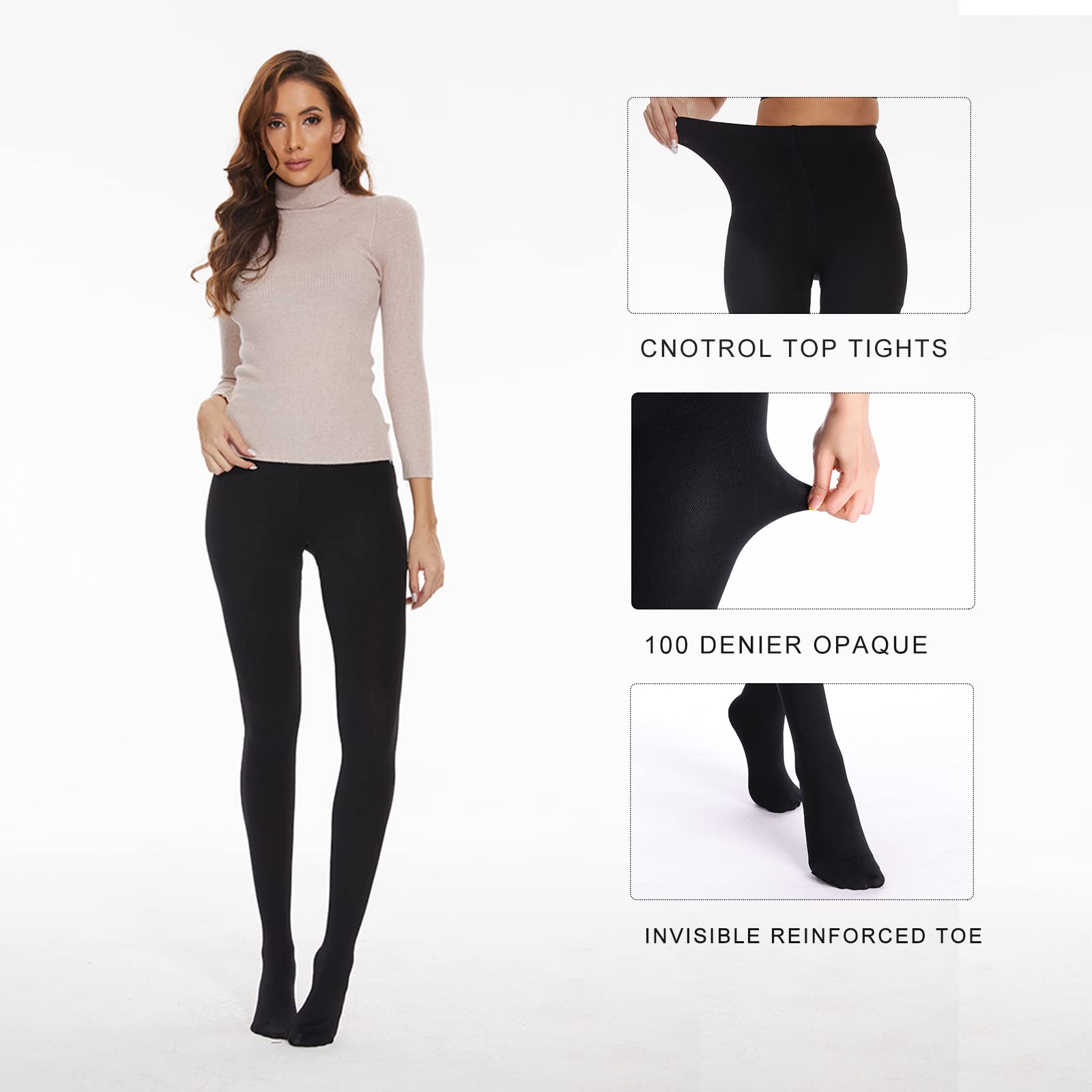 2 Pack Women's Fleece Lined Tights Winter Warm 100 Den Opaque High Wist Pantyhose