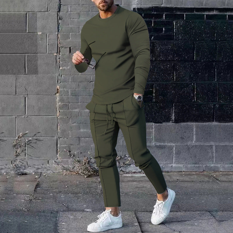 Men's Long-sleeved Suit Slim Crew Neck Pullover T-shirt And Pockets Drawstring Pencil Pants Casual Trousers Set Clothing